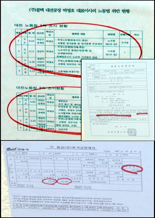 콜텍노조는 박영호 대표이사의 노동법 위반현황, 대전지방노동청에서 발급한 체불금품확인원, 이인근 지회장의 월급여 지급명세서 등을 제시하며 콜텍 박영호 사장을 규탄했다. 